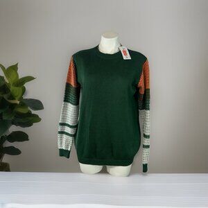 Koitmy Women's Green Contrast Sleeve Knitted Pullover Sweater Size Medium New